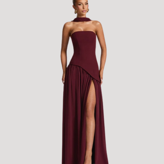 Women's Strapless Pleated Maxi Dress High Slit Scarf