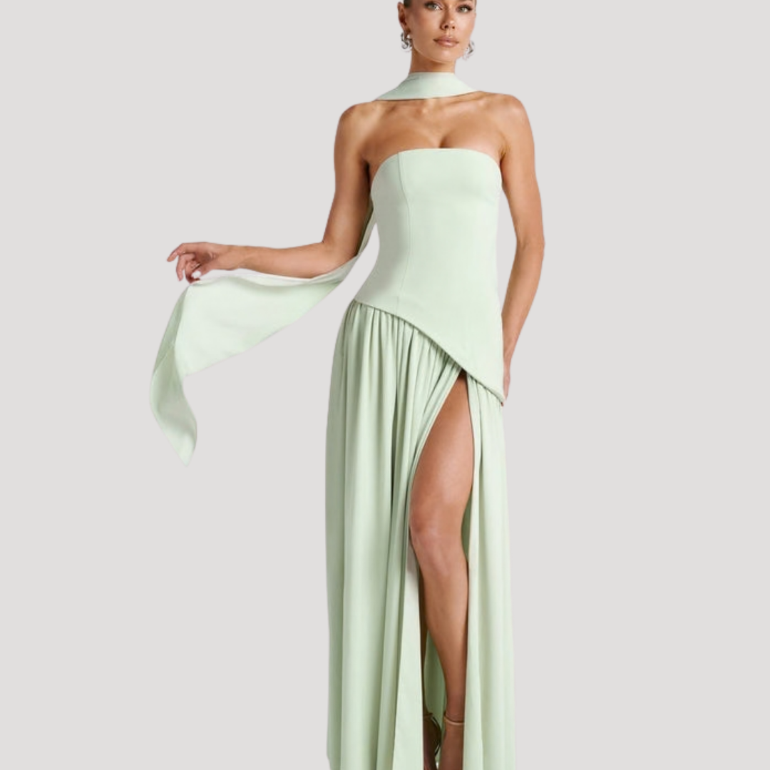 Women's Strapless Pleated Maxi Dress High Slit Scarf