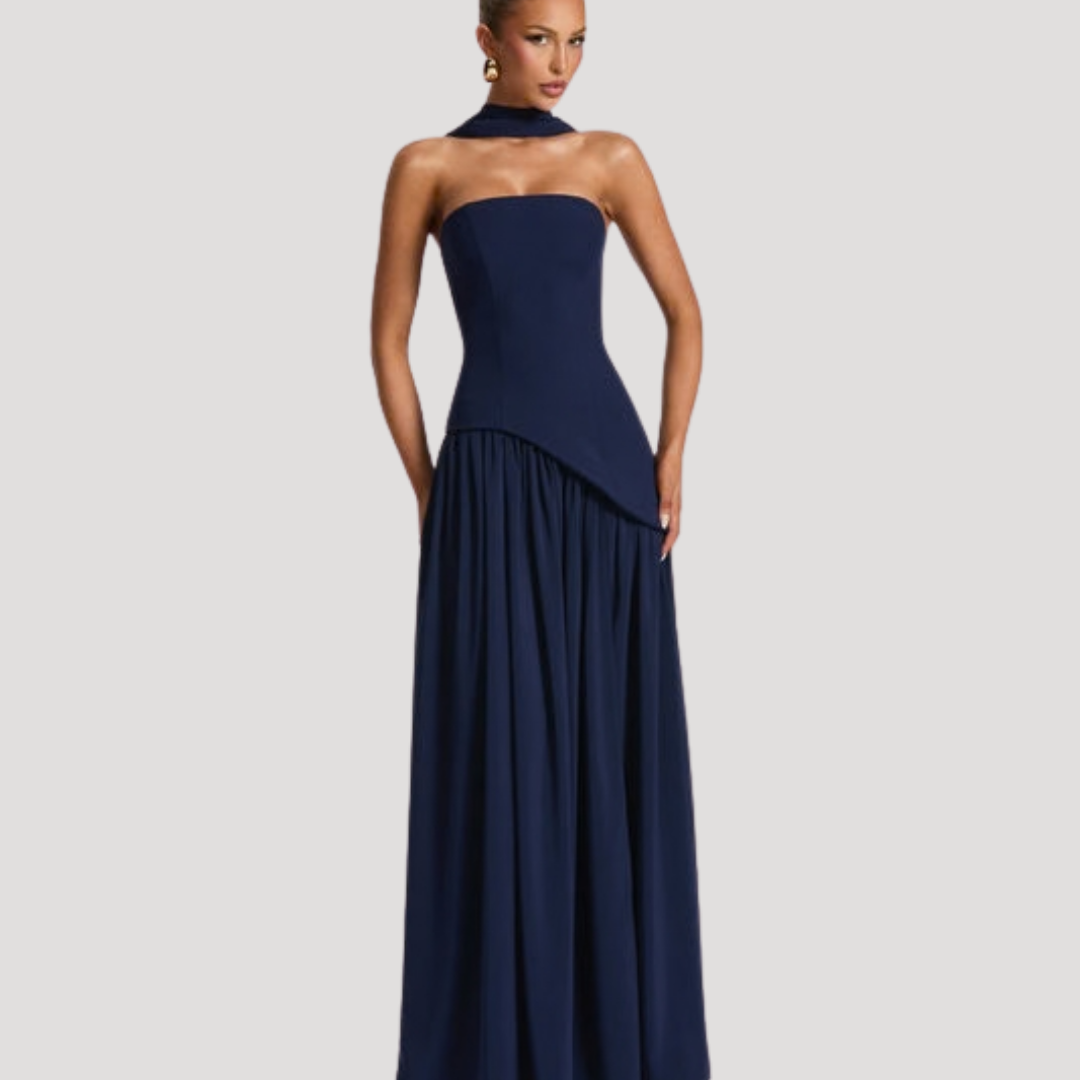 Women's Strapless Pleated Maxi Dress High Slit Scarf
