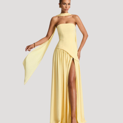 Women's Strapless Pleated Maxi Dress High Slit Scarf