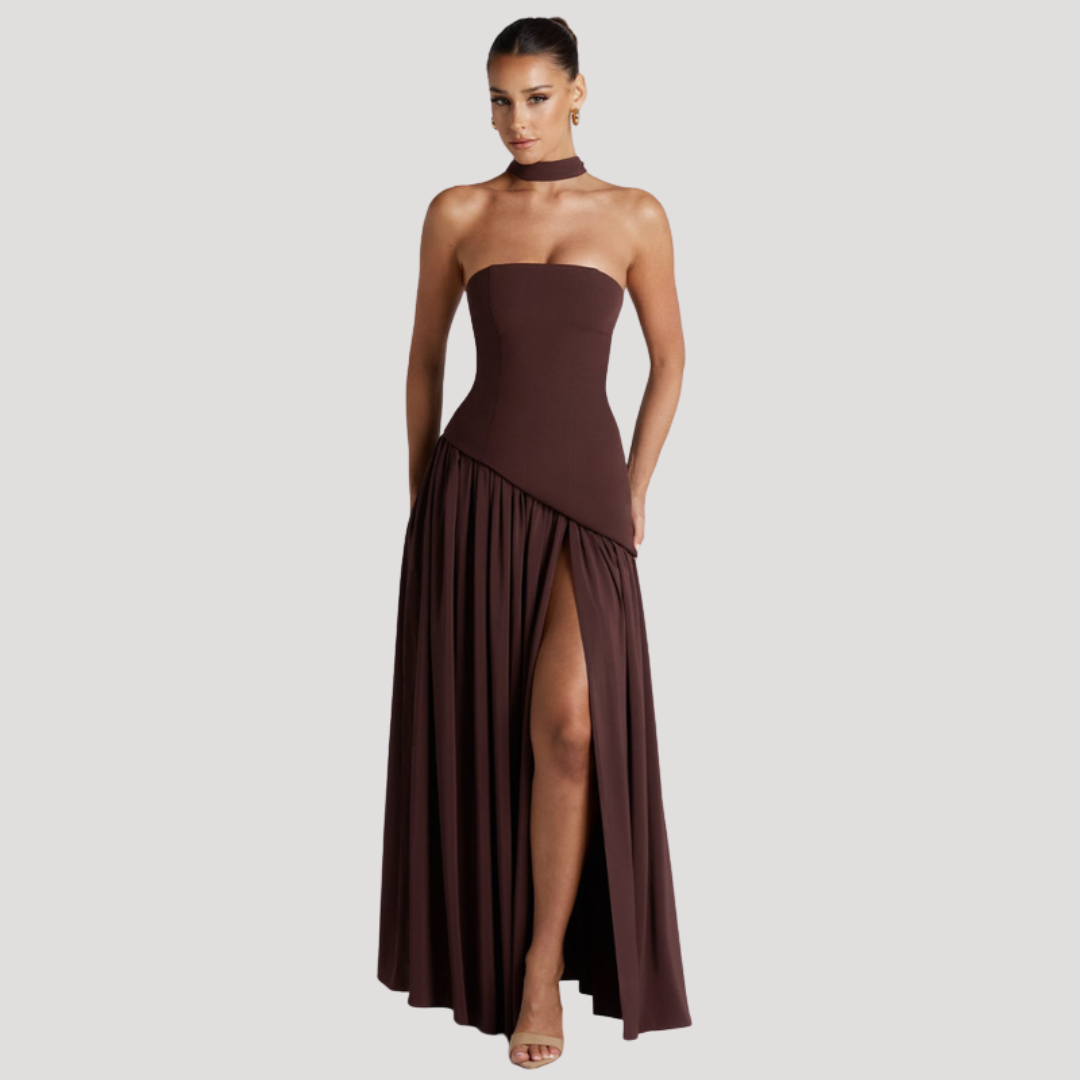 Women's Strapless Pleated Maxi Dress High Slit Scarf