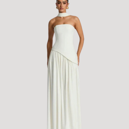 Women's Strapless Pleated Maxi Dress High Slit Scarf