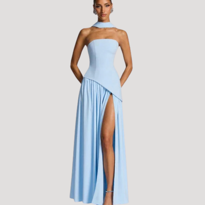 Women's Strapless Pleated Maxi Dress High Slit Scarf