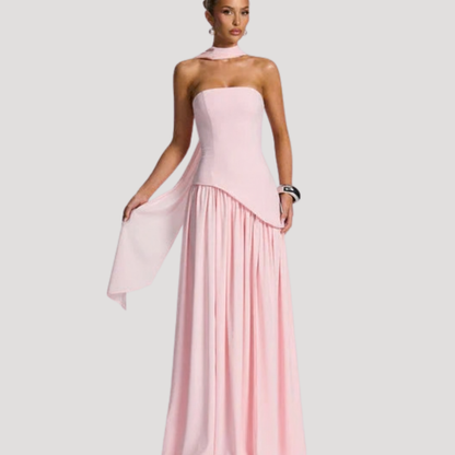 Women's Strapless Pleated Maxi Dress High Slit Scarf