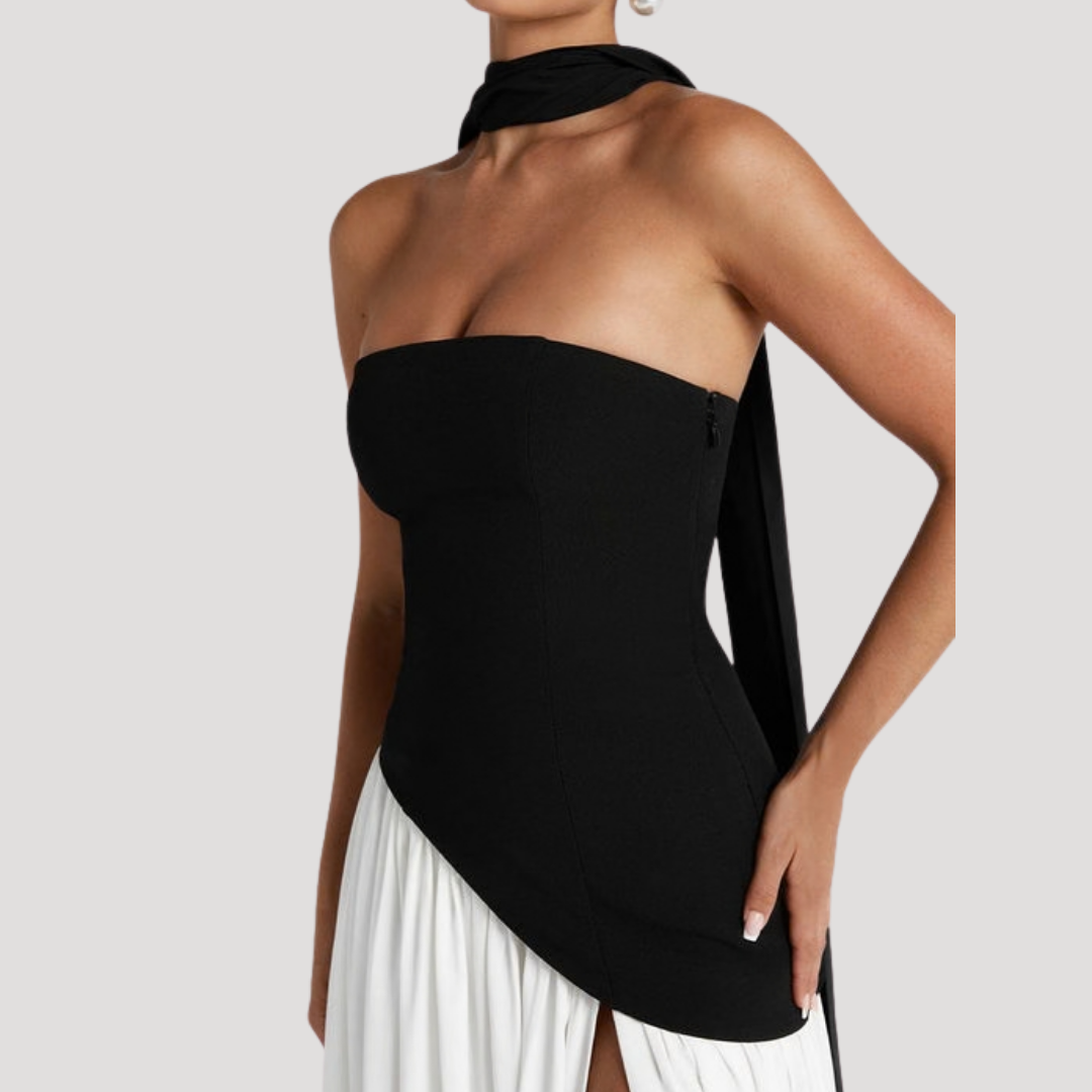 Women's Strapless Pleated Maxi Dress High Slit Scarf