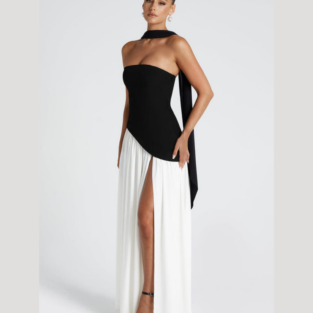 Women's Strapless Pleated Maxi Dress High Slit Scarf