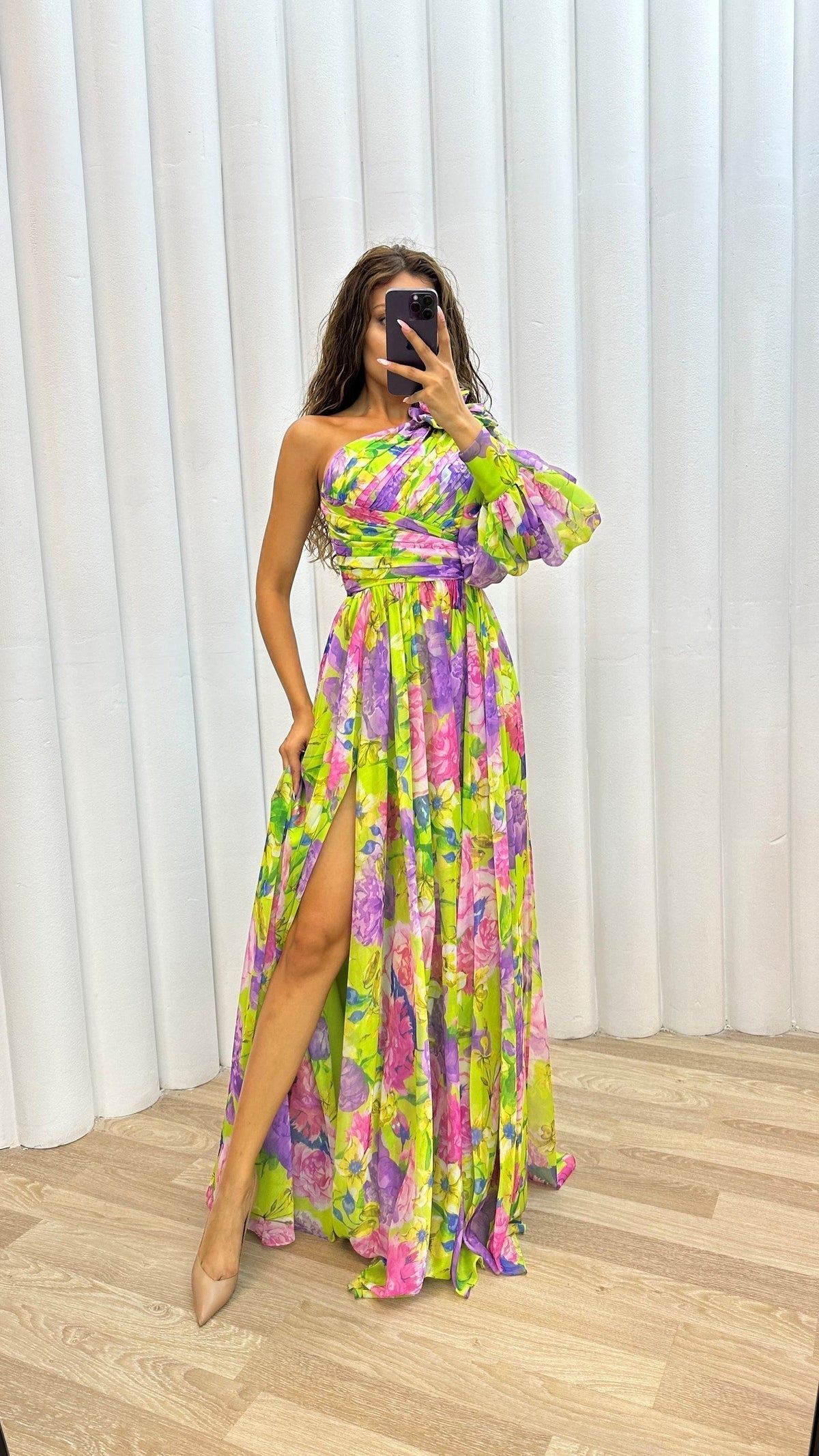 Women's Floral One-Shoulder Chiffon Maxi Dress Slit