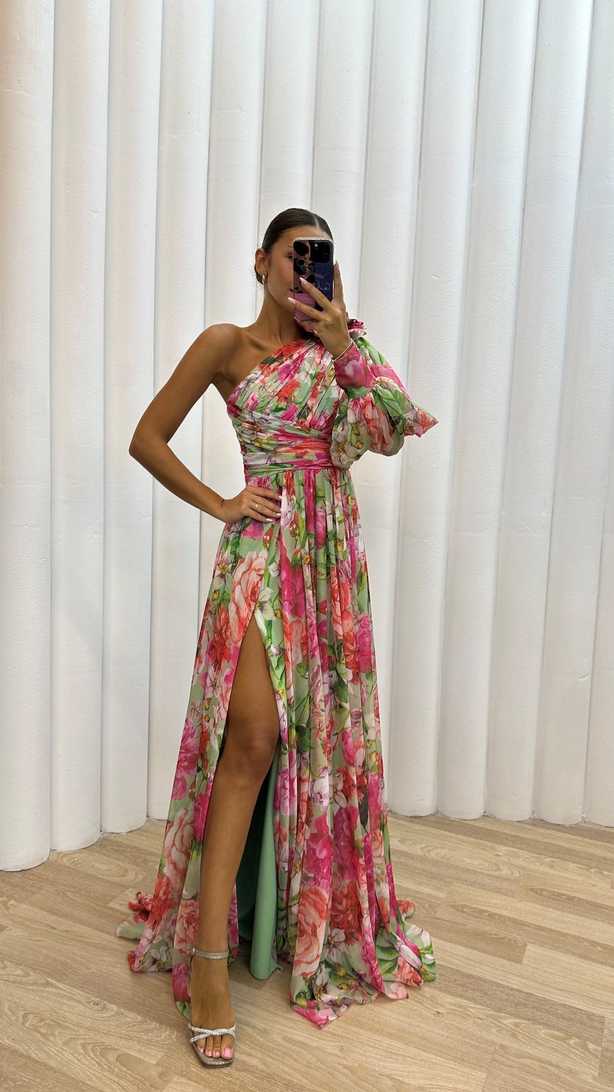Women's Floral One-Shoulder Chiffon Maxi Dress Slit