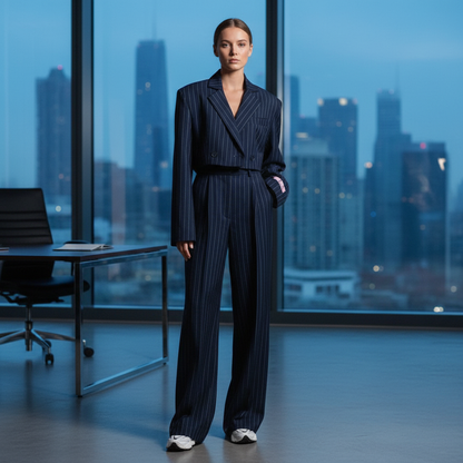 Women's Pinstripe Blazer Wide Leg Trouser Outfit