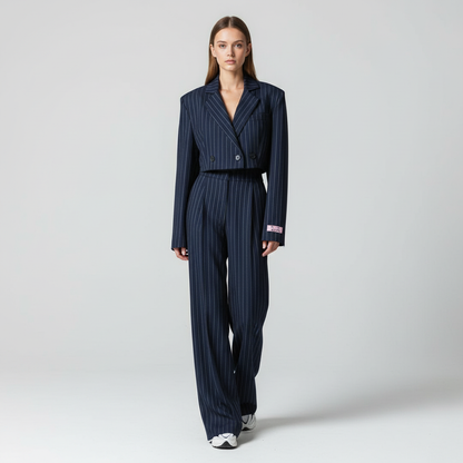 Women's Pinstripe Blazer Wide Leg Trouser Outfit
