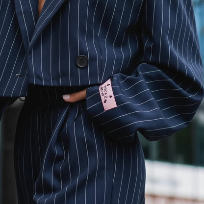Women's Pinstripe Blazer Wide Leg Trouser Outfit