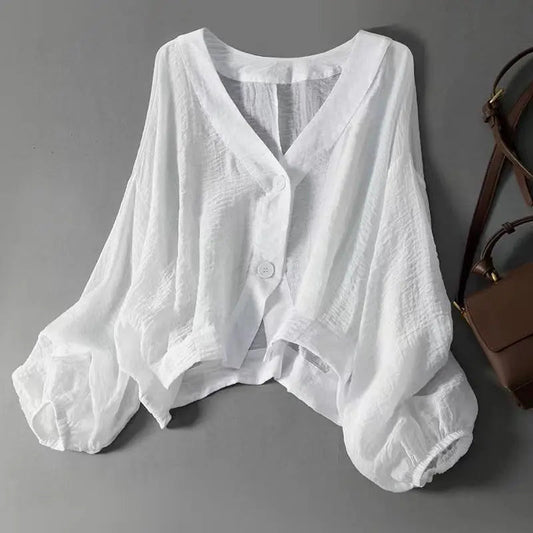Women's Linen V-Neck Button Blouse Long Sleeve