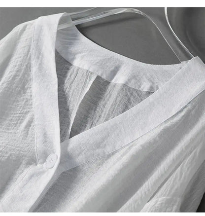 Women's Linen V-Neck Button Blouse Long Sleeve