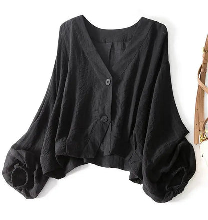 Women's Linen V-Neck Button Blouse Long Sleeve
