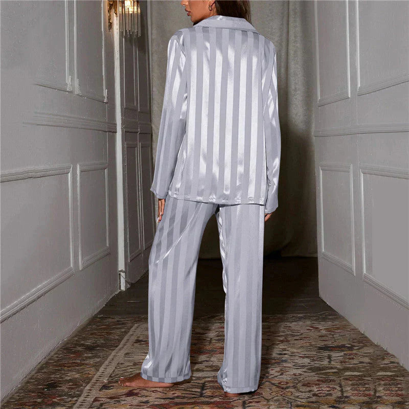Women's Satin Pyjama Set Wrap Top Striped