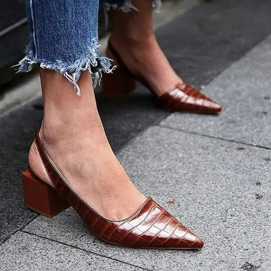 Women's Croc Embossed Slingback Block Heel Pumps – Pointed Toe
