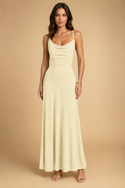 Women's Cowl Neck Spaghetti Strap Flared Maxi Dress
