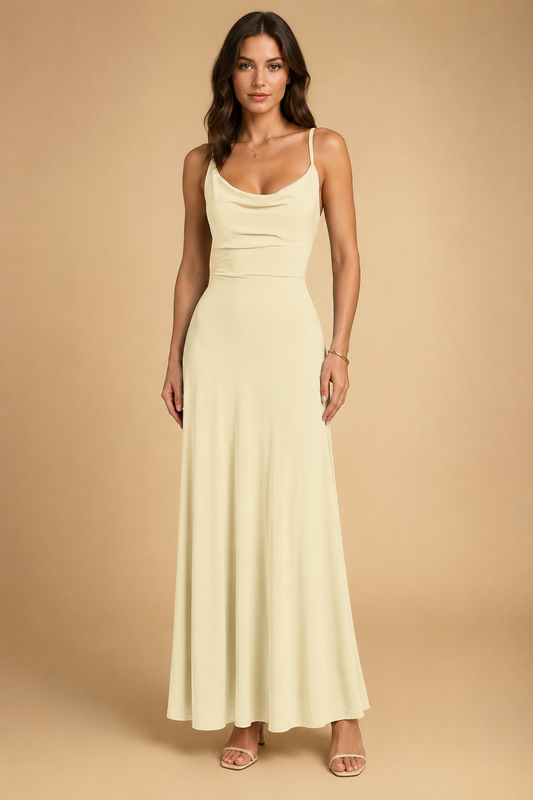 Women's Cowl Neck Spaghetti Strap Flared Maxi Dress