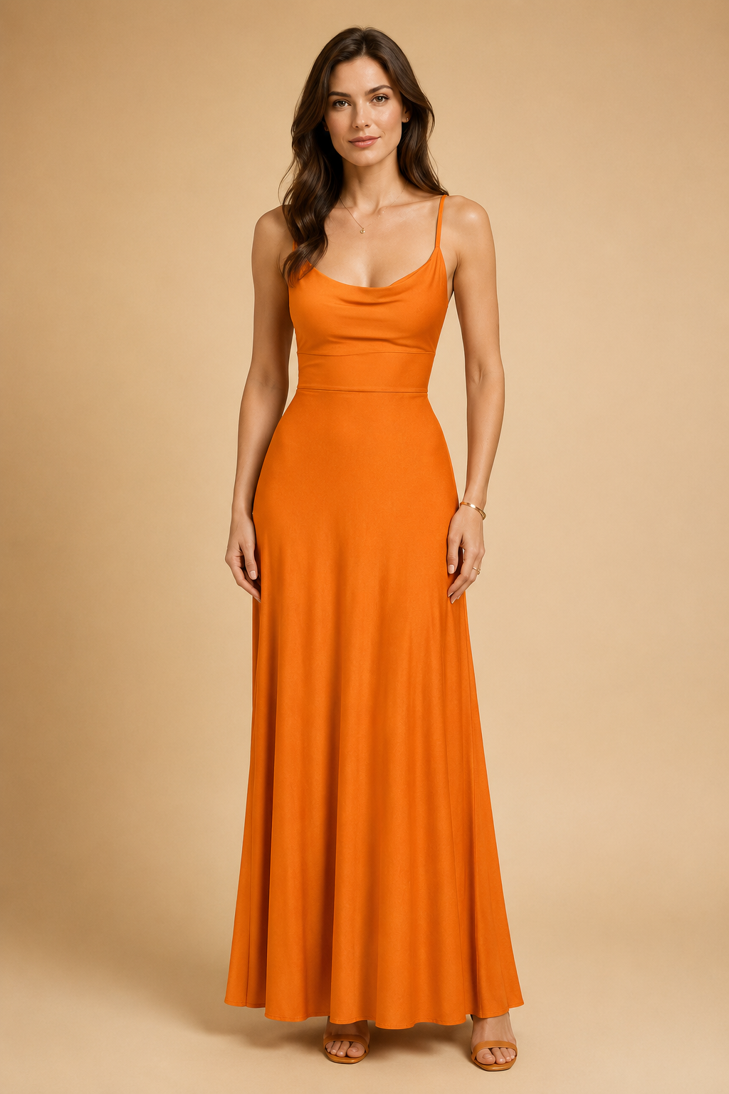 Women's Cowl Neck Spaghetti Strap Flared Maxi Dress