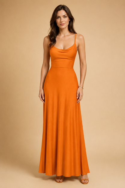 Women's Cowl Neck Spaghetti Strap Flared Maxi Dress