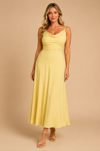 Women's Cowl Neck Spaghetti Strap Flared Maxi Dress