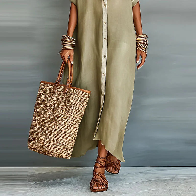 Women's Linen-Look Oversized Maxi Shirt Dress
