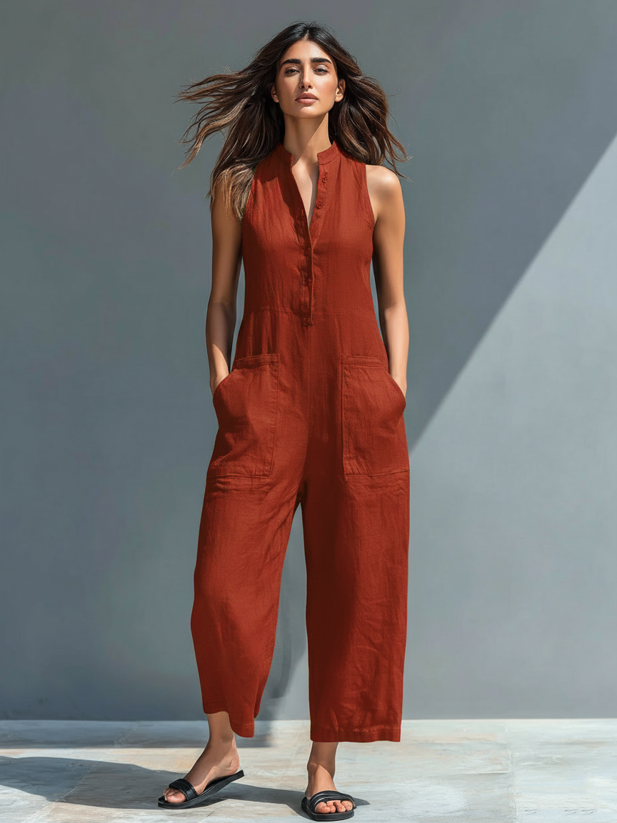 Women's Linen Sleeveless Stand Collar Jumpsuit – ModClo