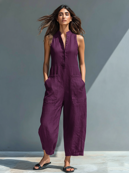 Women's Linen Sleeveless Stand Collar Jumpsuit – ModClo