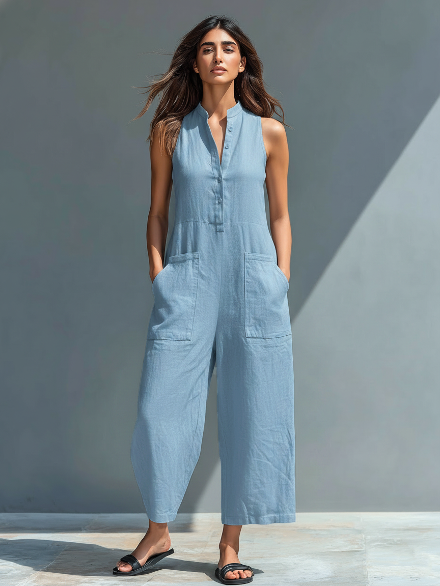 Women's Linen Sleeveless Stand Collar Jumpsuit – ModClo