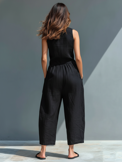 Women's Linen Sleeveless Stand Collar Jumpsuit – ModClo