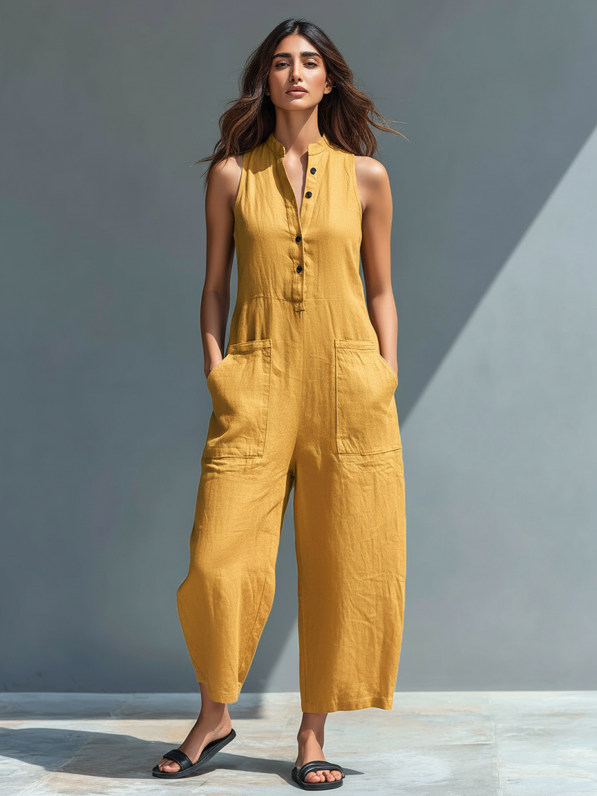 Women's Linen Sleeveless Stand Collar Jumpsuit – ModClo