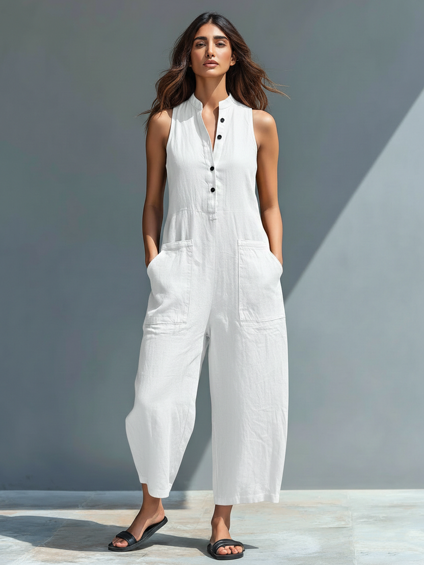 Women's Linen Sleeveless Stand Collar Jumpsuit – ModClo