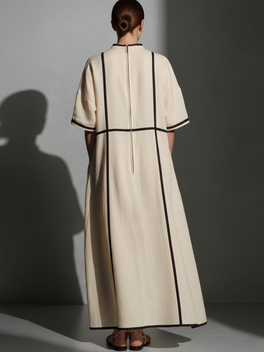 Women's Beige Linen Stand Collar Maxi Dress – ModClo