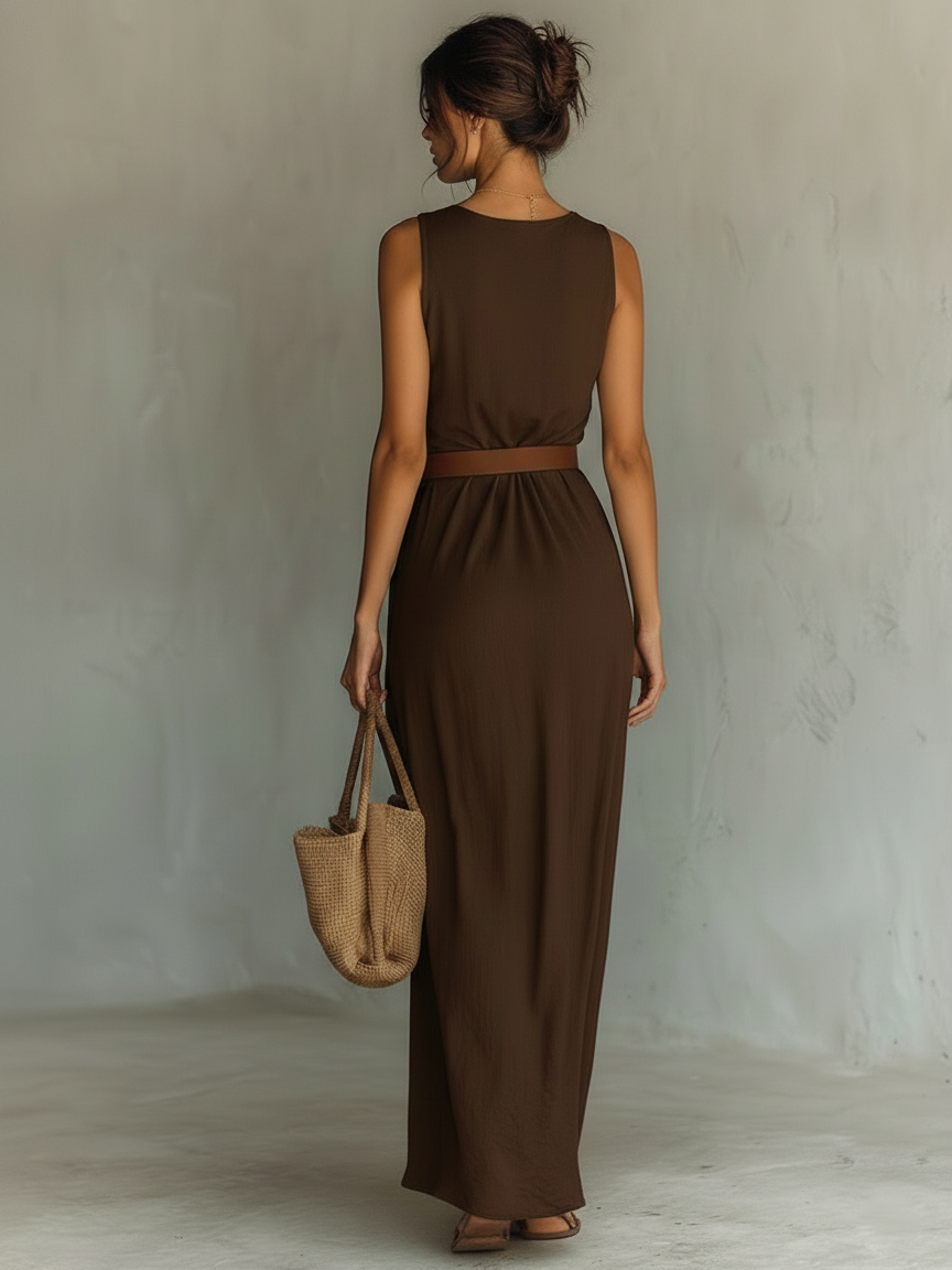 Women's Sleeveless Belted Cowl Neck Maxi Dress – ModClo