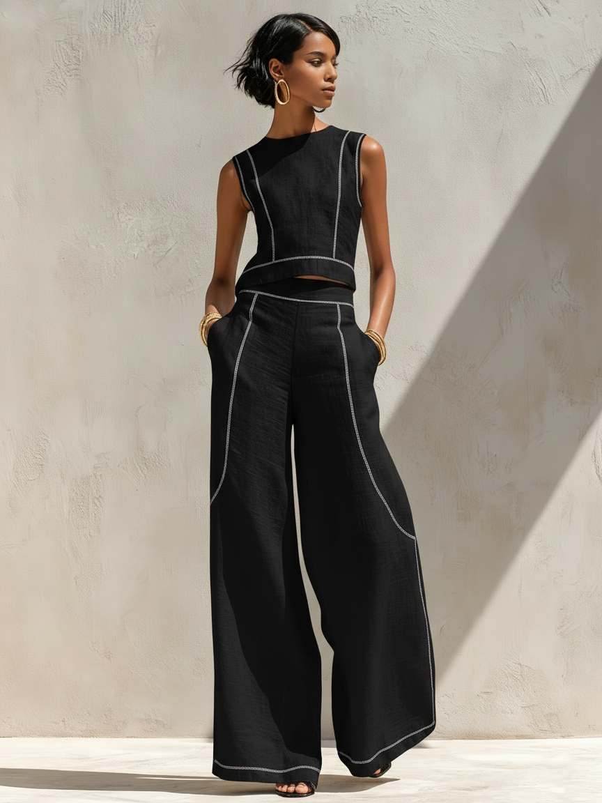 Women's Linen Blend Contrast Trouser Set – ModClo