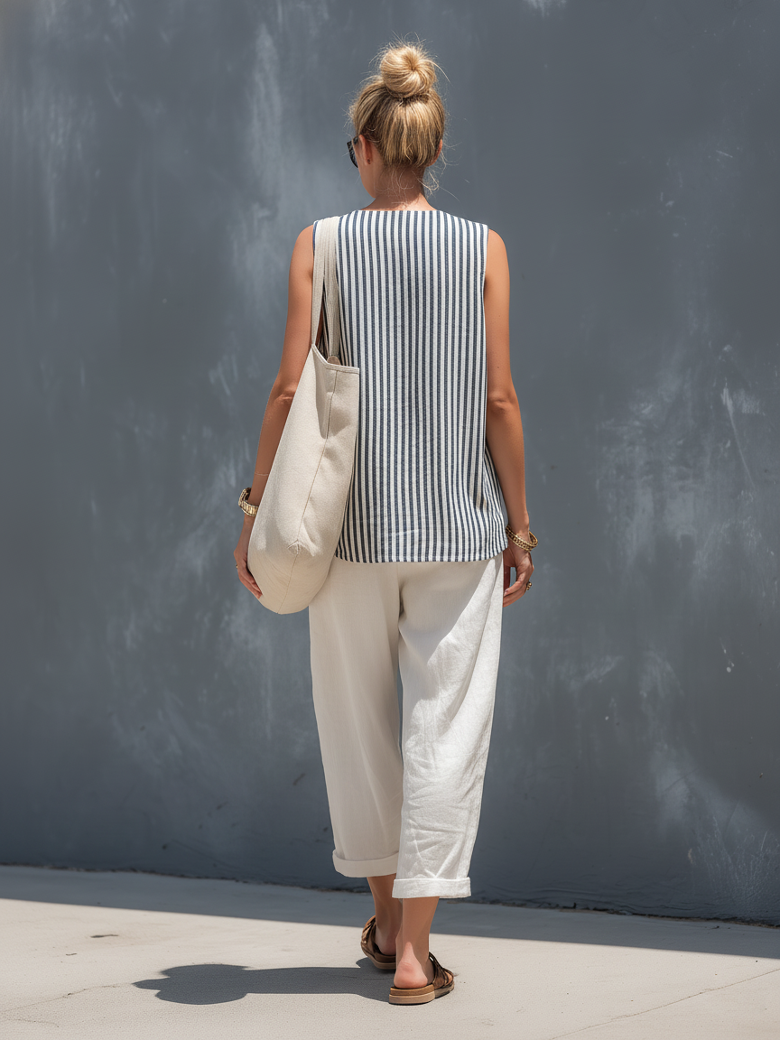 Women's White Linen Sleeveless Striped Set – ModClo