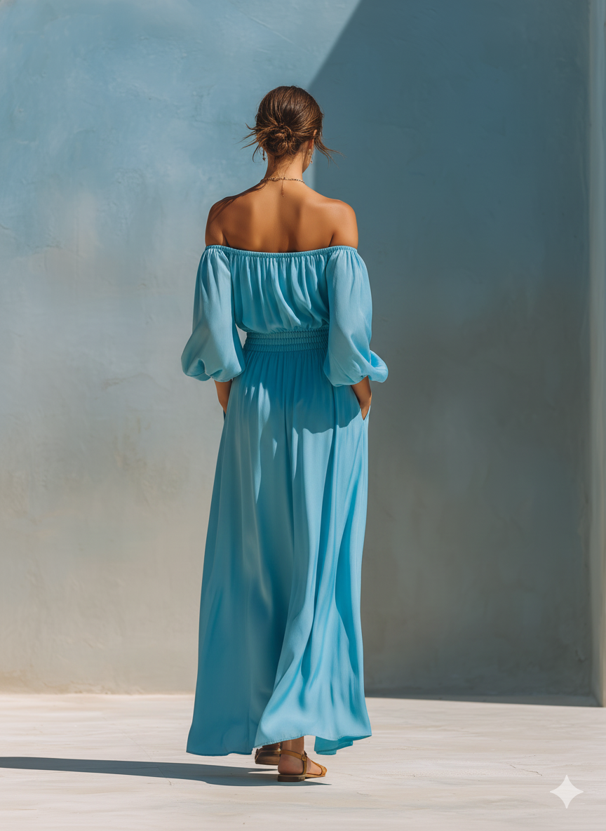 Women's Blue Puff Sleeve Slit Maxi Dress – ModClo