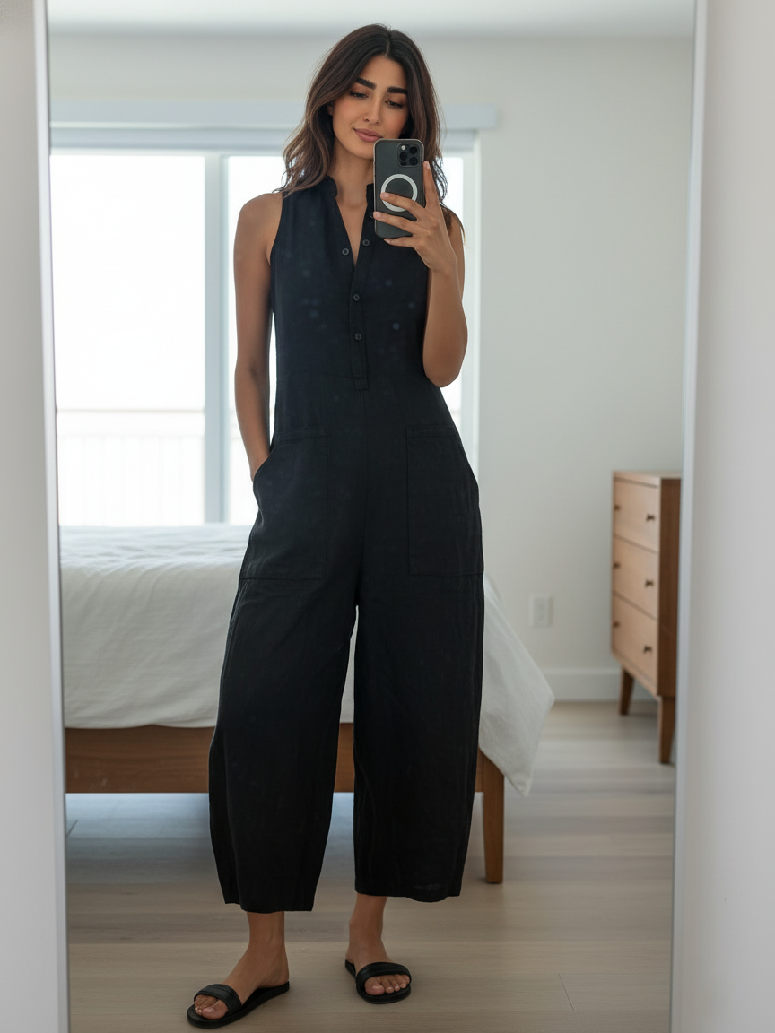 Women's Linen Sleeveless Stand Collar Jumpsuit – ModClo