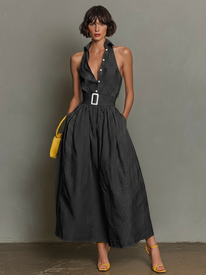 Women's Sleeveless Lapel Striped Maxi Dress – ModClo
