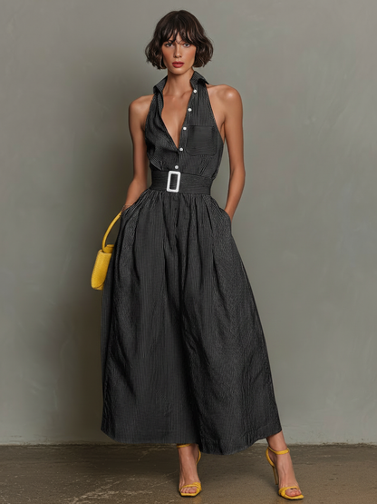 Women's Sleeveless Lapel Striped Maxi Dress – ModClo