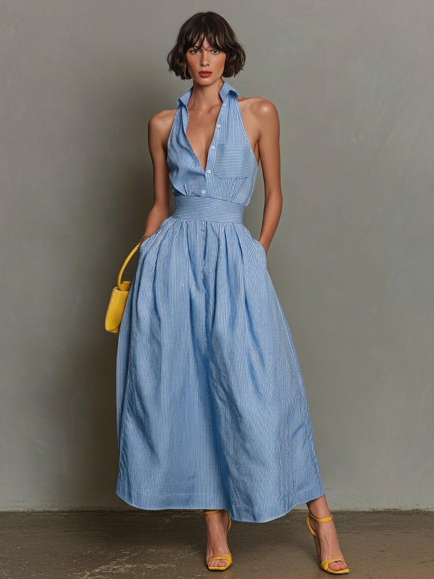 Women's Sleeveless Lapel Striped Maxi Dress – ModClo