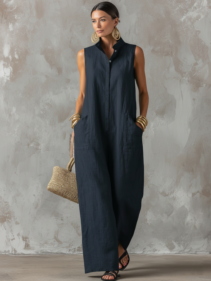 Women's Linen Sleeveless Stand Collar Jumpsuit – ModClo