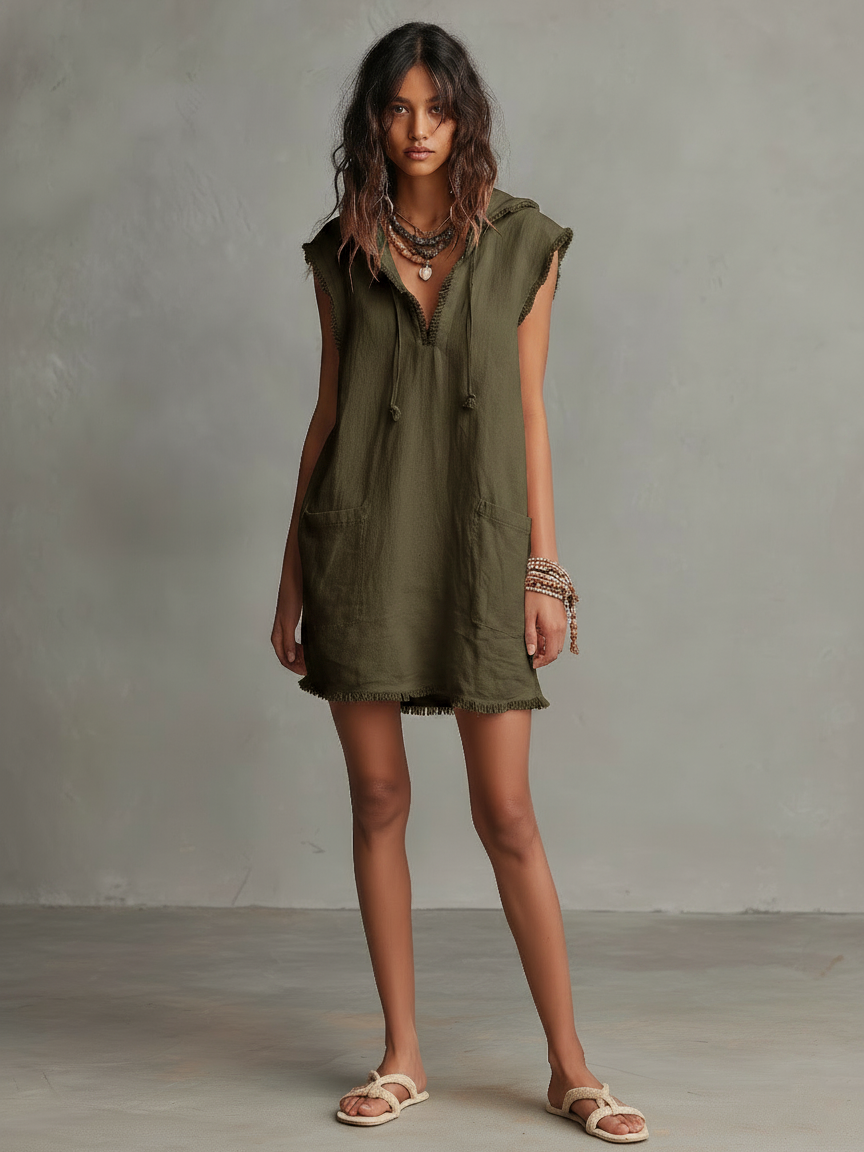 Women's Linen Sleeveless Hooded Mini Dress – ModClo
