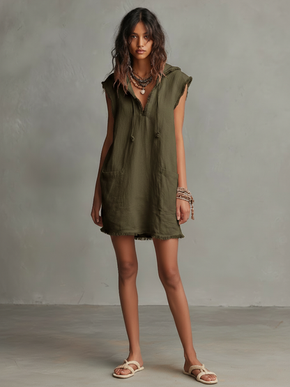 Women's Linen Sleeveless Hooded Mini Dress – ModClo