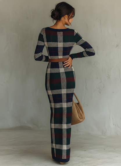 Women's Knit Square Neck Belted Check Maxi Dress – ModClo