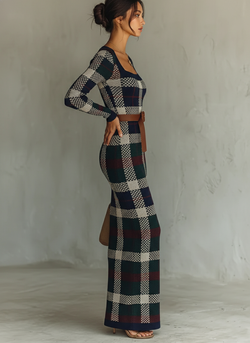 Women's Knit Square Neck Belted Check Maxi Dress – ModClo