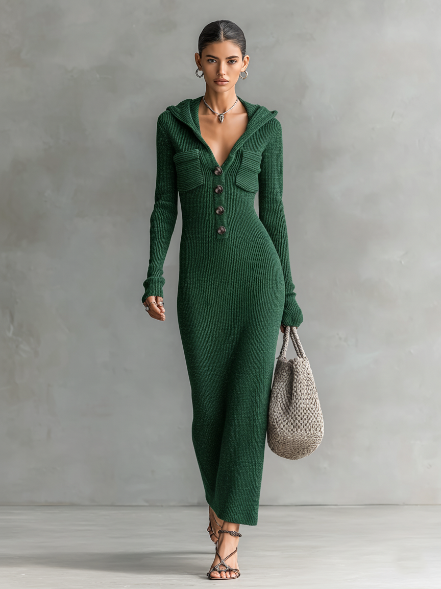 Women's Knit Hooded Slim Fit Maxi Dress – ModClo