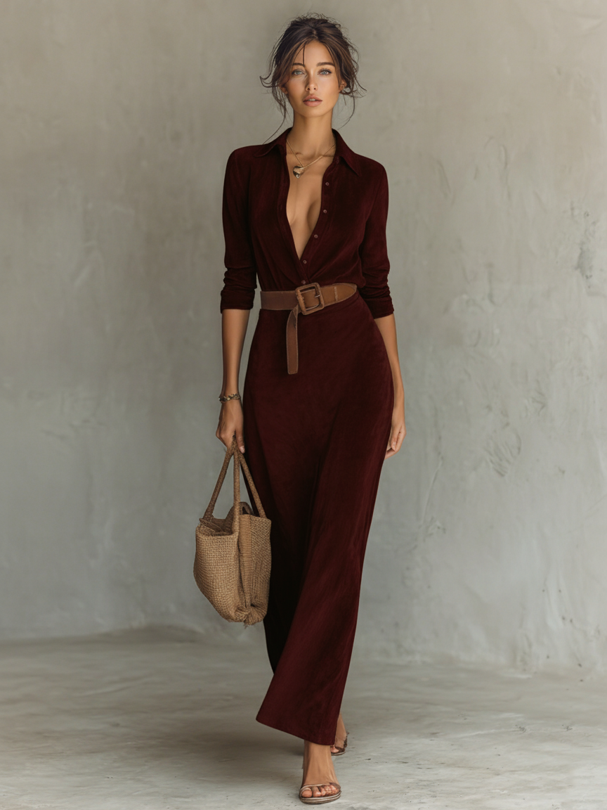Women's Suede Lapel Maxi Dress – ModClo