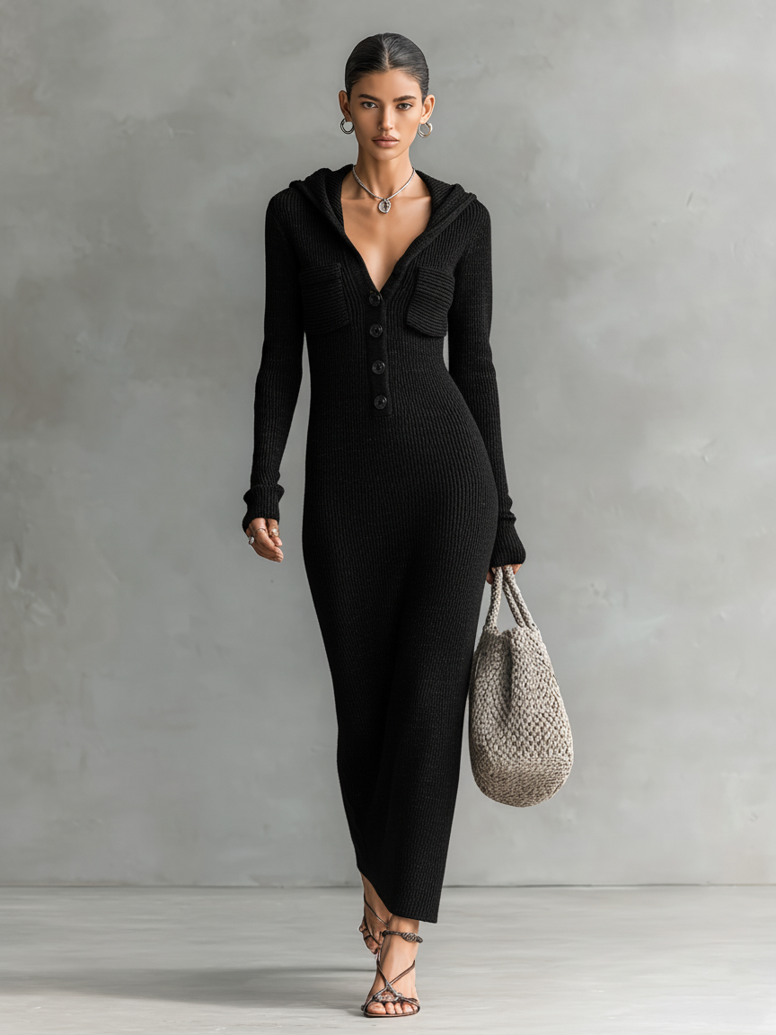 Women's Knit Hooded Slim Fit Maxi Dress – ModClo