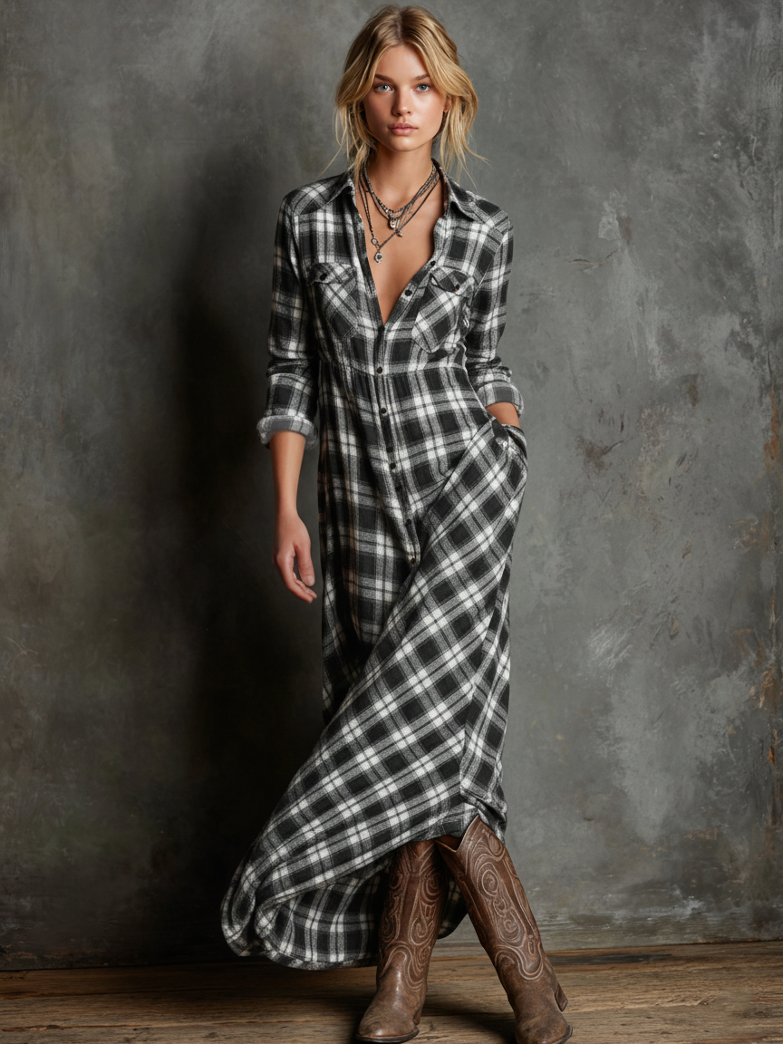 Women's Lapel Plaid Maxi Dress – ModClo